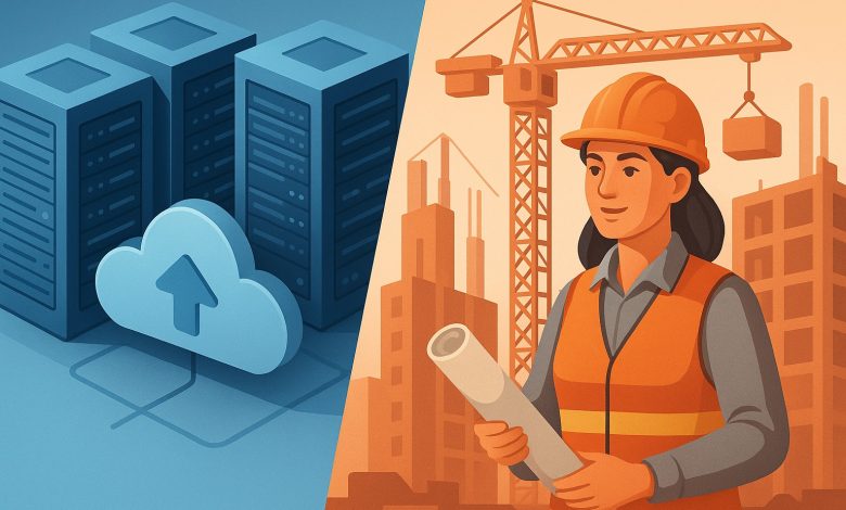 Ilustrasi Pembangunan Data Center dan Wanita Tangguh Industri Konstruksi
